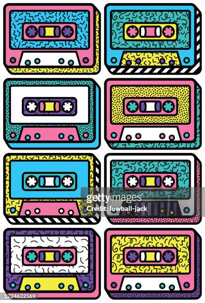 a colourful retro audio cassette design  design, vector illustration - cassette stock illustrations