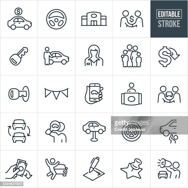auto sales thin line icons - bearbeitbarer strich - einzelhandelsberuf stock-grafiken, -clipart, -cartoons und -symbole