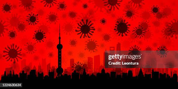 coronavirus in shanghai skyline (all buildings are complete and moveable) - covid lockdown stock illustrations