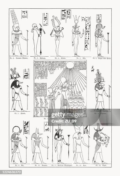 ägyptische götter und göttinnen, holzstiche, veröffentlicht 1893 - egyptian thoth stock-grafiken, -clipart, -cartoons und -symbole
