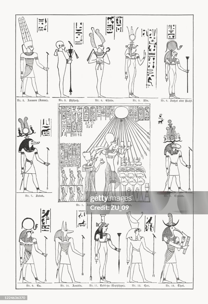 Egyptian gods and goddesses, wood engravings, published in 1893