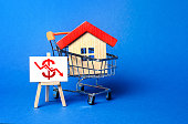 House in a shopping cart and an easel with a red dollar arrow down chart. Fall of real estate market. Cheap rent. Reduced demand, recession. Value cost decrease. Bad attractiveness. Low sales