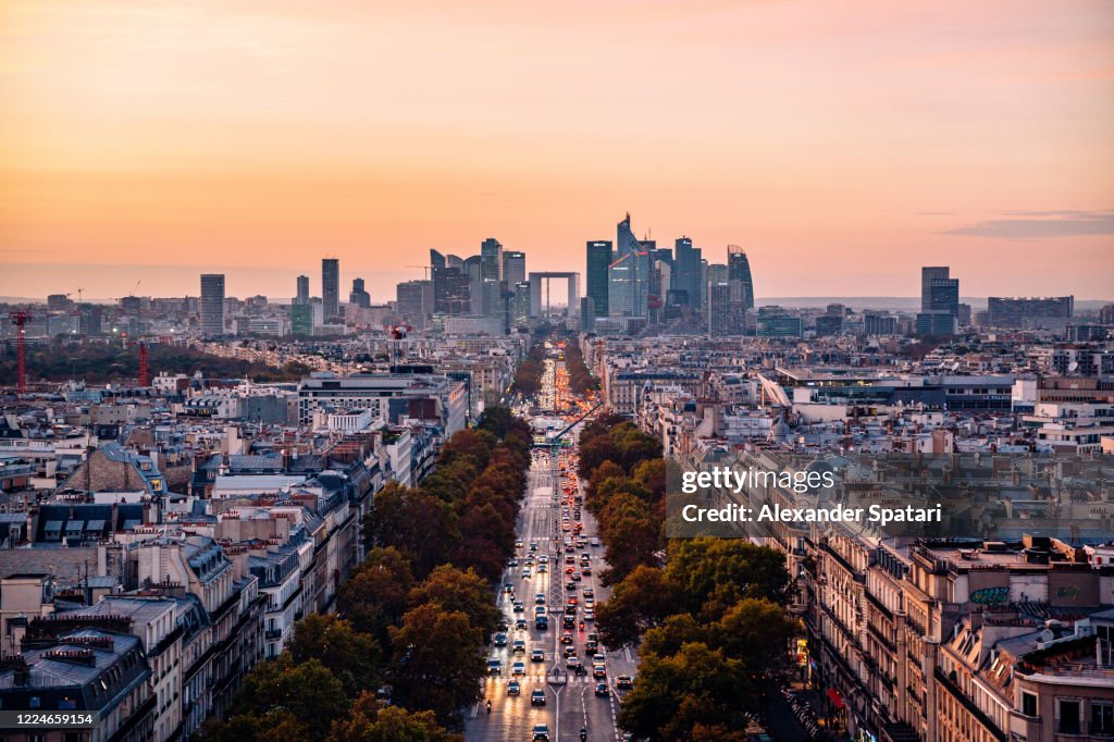 La Defense financial district at dusk, Paris, France