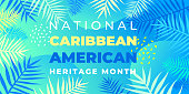 National Caribbean Heritage Month. Vector banner, poster for social networks and media. Concept with palm leaves on blue background. Horizontal composition with text National Caribbean Heritage Month