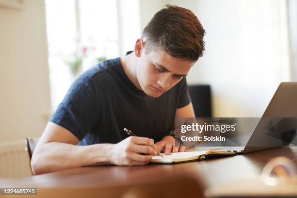 young man using laptop at home - studie exam stockfoto's en -beelden