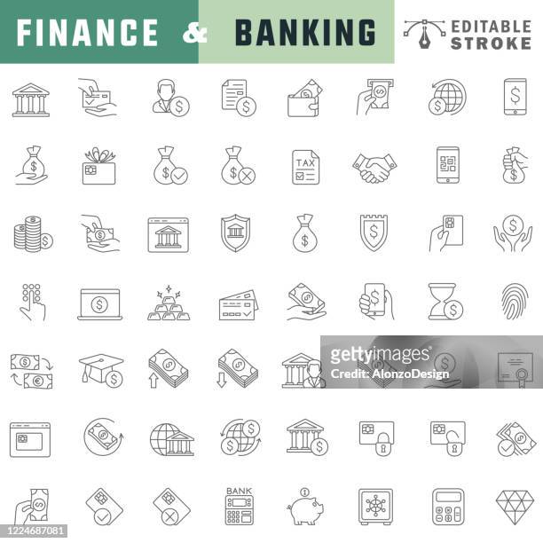 stockillustraties, clipart, cartoons en iconen met pictogram set van de financiële en banklijn. bewerkbare slag. - euro in hand