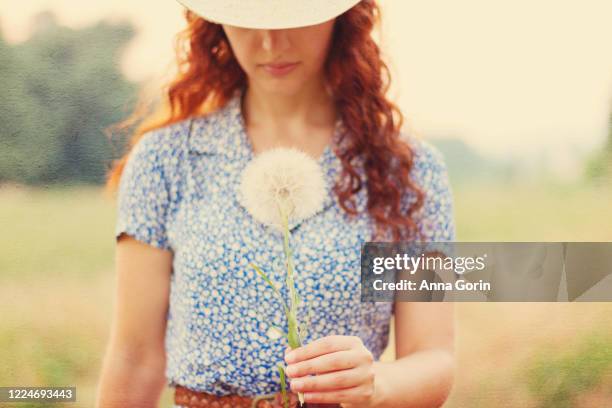 redhead in cowboy hat holds dandelion at sunset - cowgirl hairstyles stock-fotos und bilder