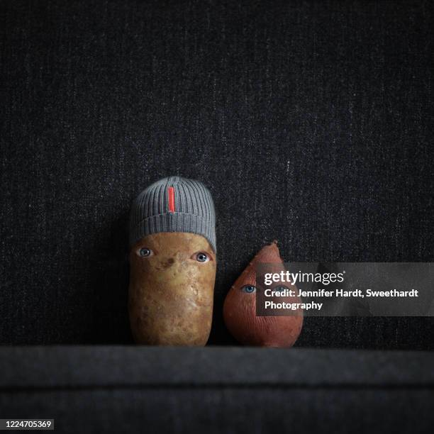 playful shot of one potato and one yam sitting side by side on sofa - yam stock-fotos und bilder