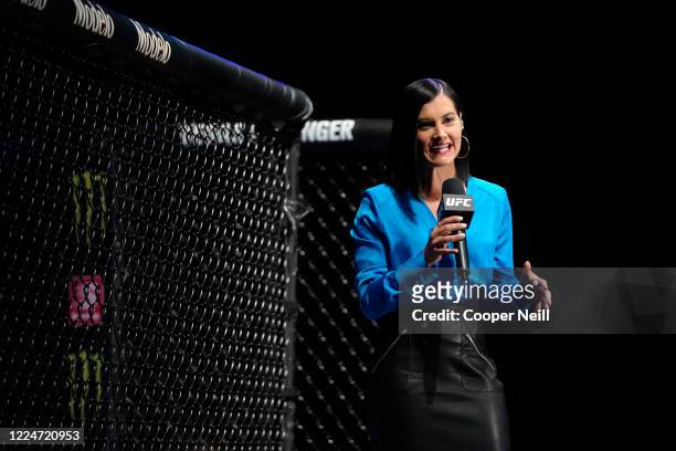 Megan Olivi speaks on the broadcast during the UFC Fight Night Event at VyStar Veterans Memorial Arena on May 13, 2020 in Jacksonville, Florida.