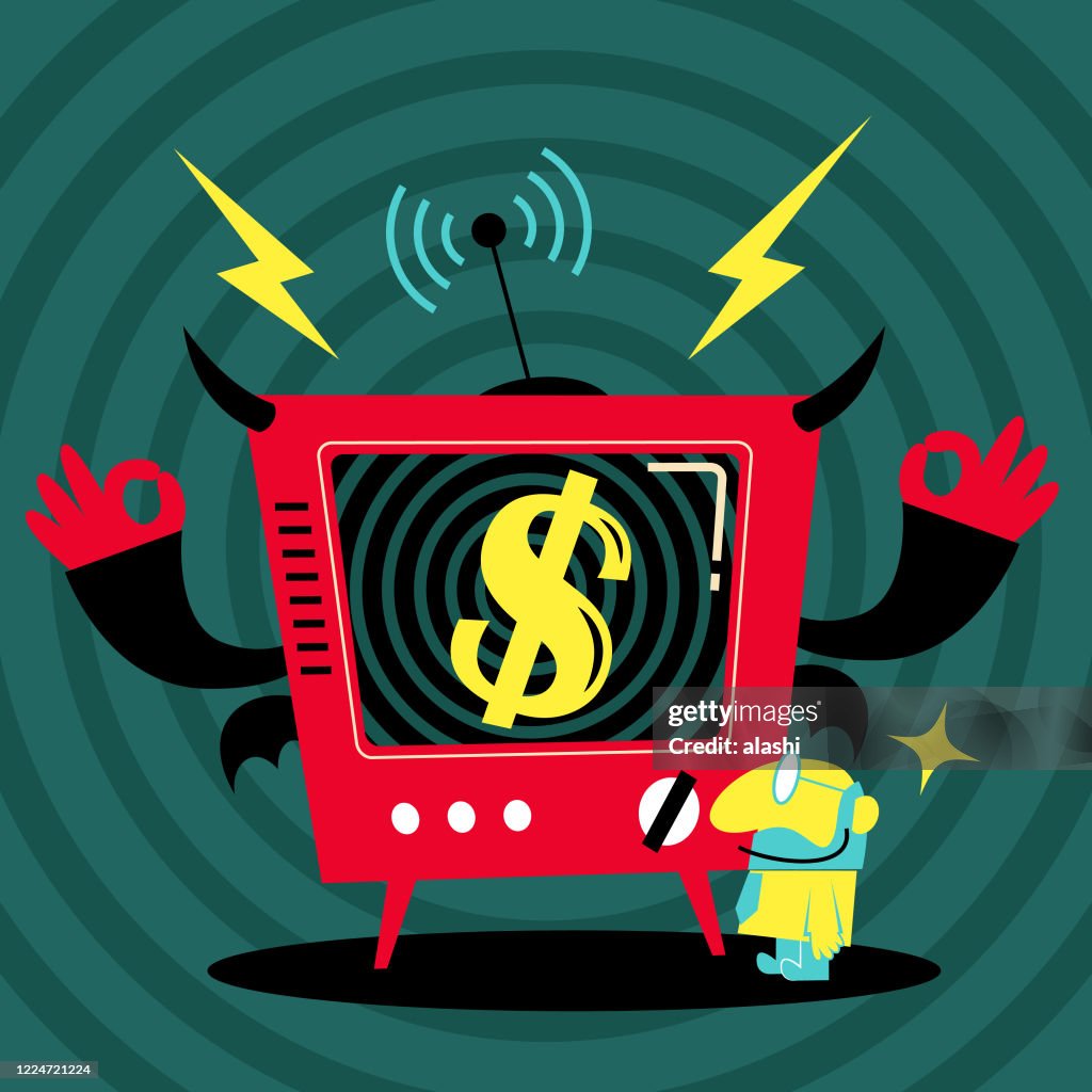 Anthropomorphic TV demon and a man, entering the world of fake news and satire, brainwashing, hypnosis, deepfake and shallowfake, promiscuous seeing and hearing