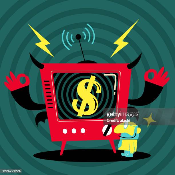 anthropomorphic tv demon and a man, entering the world of fake news and satire, brainwashing, hypnosis, deepfake and shallowfake, promiscuous seeing and hearing - satire stock illustrations
