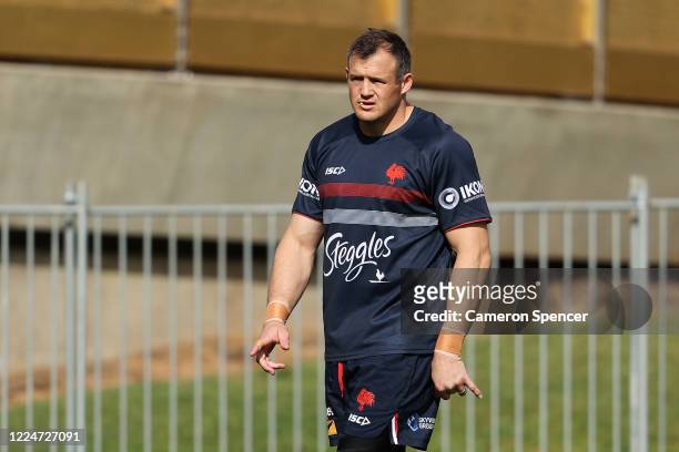 Josh Morris of the Roosters looks on during a Sydney Roosters NRL training session at Kippax Lake Field on May 14, 2020 in Sydney, Australia.