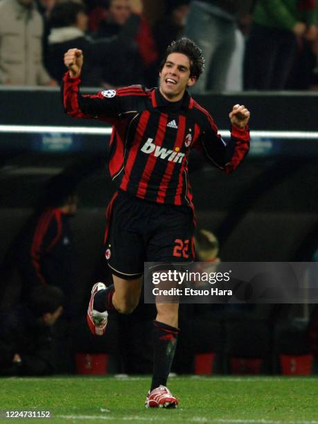 Kaka of AC Milan celebrates scoring his side's first goal during the UEFA Champions League Round of 16 second leg match between AC Milan and Celtic...