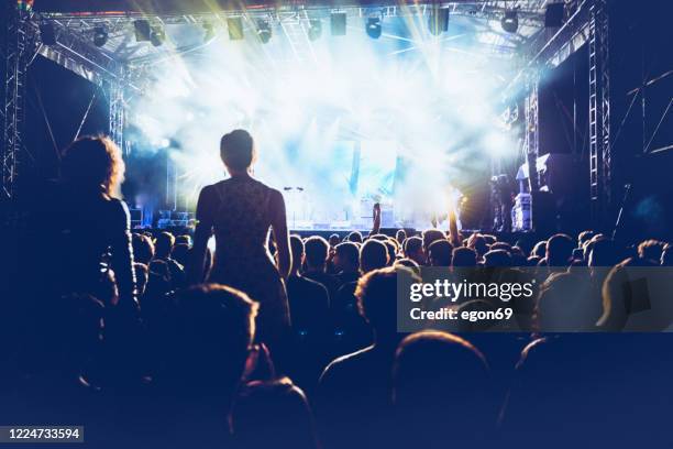 cheering crowd at rock concert - silhouette auditorium stock pictures, royalty-free photos & images