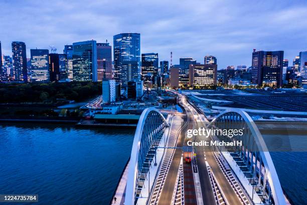 aerial view of tokyo, tsukiji bridge - sumidafloden bildbanksfoton och bilder