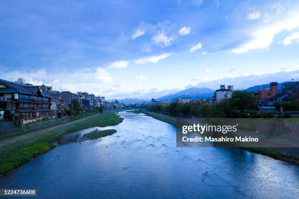 autumn morning view of kamo river, kyoto city - kamo river stock pictures, royalty-free photos & images