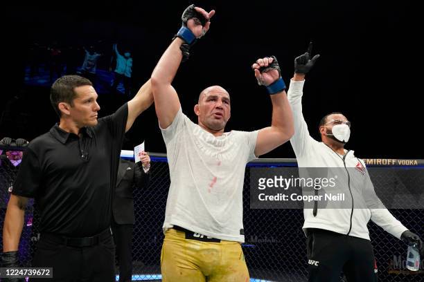 Glover Teixeira of Brazil celebrates his victory over Anthony Smith in their light heavyweight bout during the UFC Fight Night Event at VyStar...