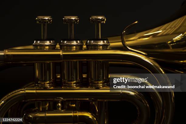 classical cornet instrument isolated from a black background. - bugle stockfoto's en -beelden