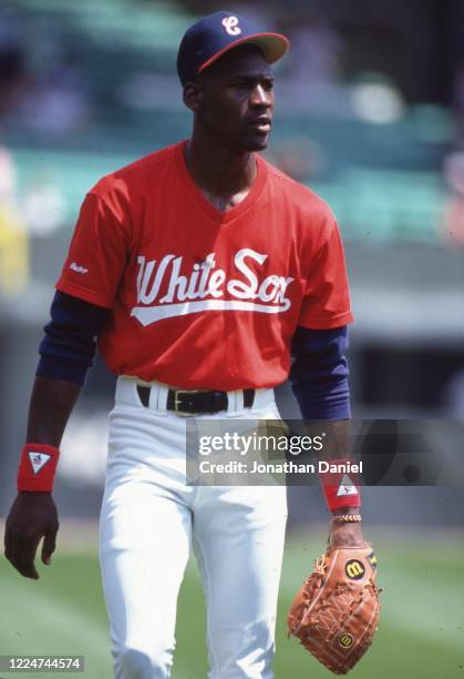 Michael Jordan of the Chicago Bulls is seen during a baseball workout at Comiskey Park, home of the Chicago White Sox, in July 1991 in Chicago,...