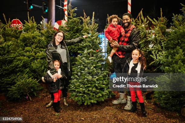 portrait of smiling family standing by christmas tree in christmas tree lot - african people buying a christmas tree stockfoto's en -beelden