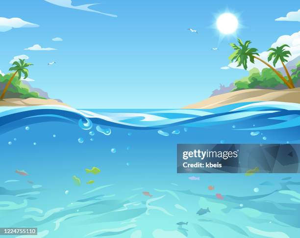 illustrazioni stock, clip art, cartoni animati e icone di tendenza di isola tropicale sotto e sopra la superficie dell'acqua - half underwater