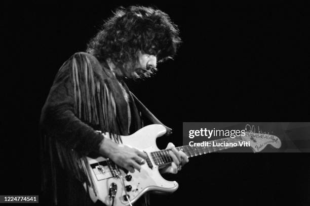 Ritchie Blackmore performs on stage, Rome, 1987.