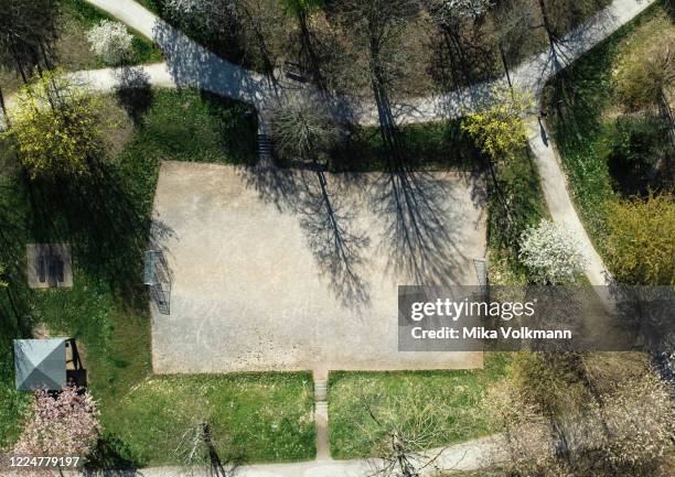 This aerial view shows the amateur soccer field Bolzplatz Koeln Strasse in district Suerth on April 1, 2020 in Cologne, Germany.