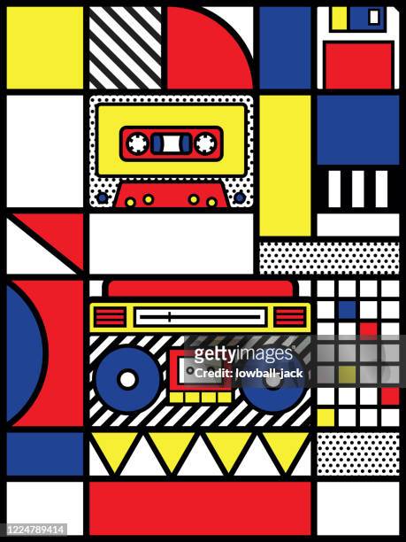 a colourful retro 90s poster design with boom box and audio cassette on a vivid geometric background,   design, mondrian, vector illustration - music festival background stock illustrations