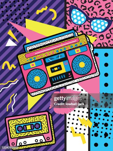 ilustraciones, imágenes clip art, dibujos animados e iconos de stock de un colorido retro el diseño de cartel de rock de los 90 con caja de pluma y casete de audio sobre un fondo geométrico vívido, diseño, ilustración vectorial - festival de música