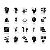 Mental disorder drop shadow black glyph icons set. Delusions, schizophrenia. Amnesia. Bipolar disorder. Bulimia, anorexia. Autism spectrum. Obsessive-compulsive syndrome. Isolated vector illustrations