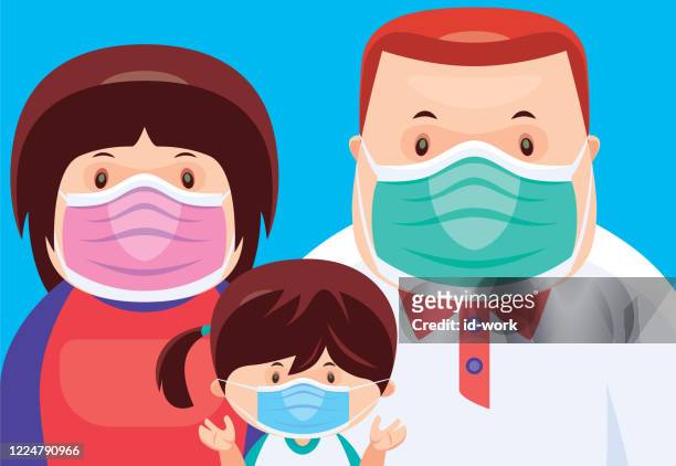 girl and parents wearing face masks - clip art family stock illustrations
