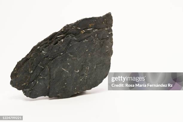 specimen natural rock: black slate over white backgound. copy space - calciumcarbonaat stockfoto's en -beelden