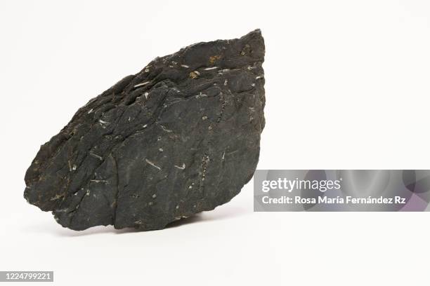 specimen natural rock: black slate over white backgound. copy space - gemology stockfoto's en -beelden