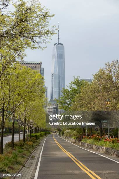 Cycle path alongside the Hudson River, The Hudson River Park heading towards Freedom Tower during the Coronavirus lockdown, New York, USA.