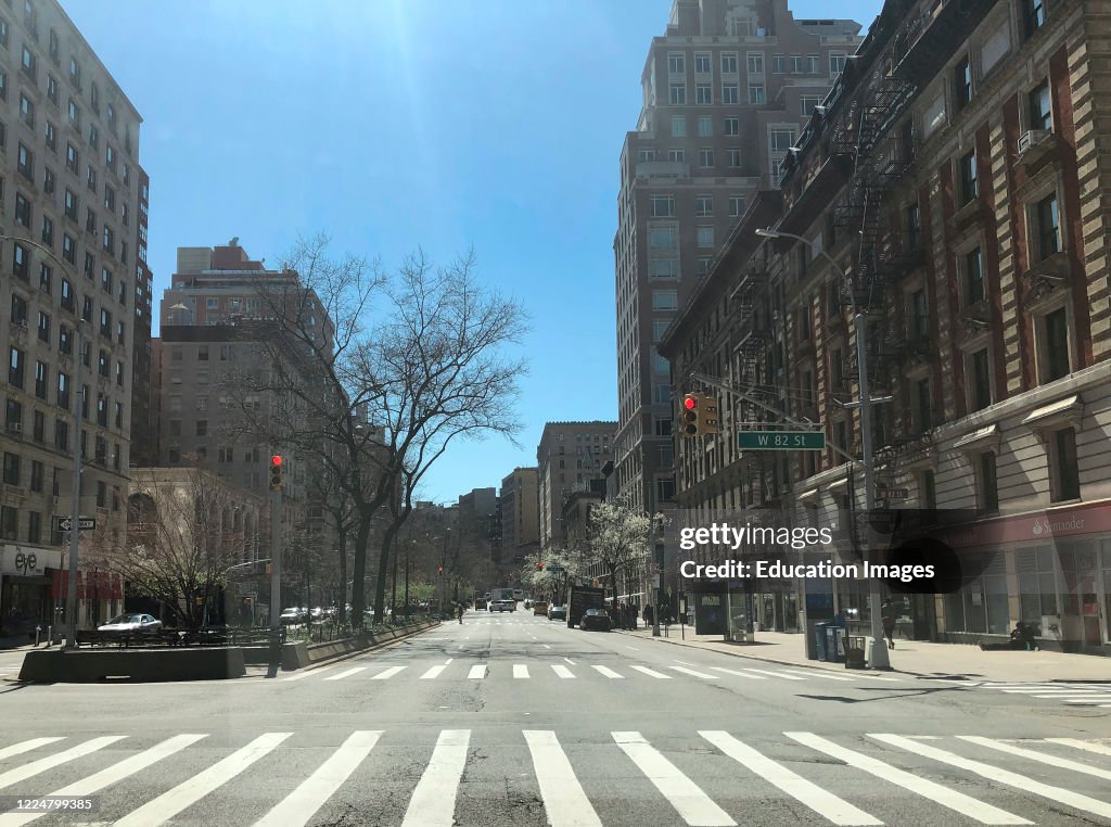 Rush hour and empty highwayon Broadway at West 82nd Street Upper West Side during Coronavirus lockdown in the city, Manhattan, New York, USA.