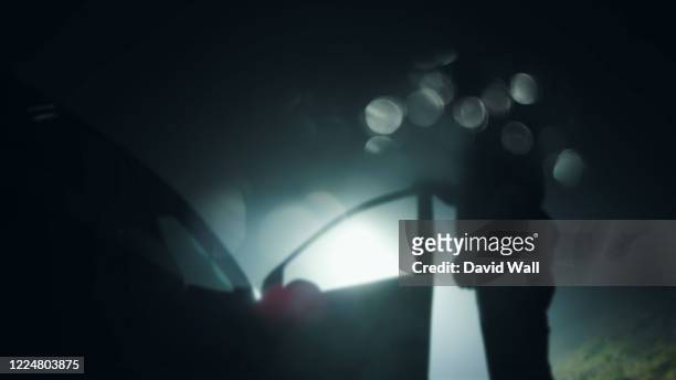 looking up at a mysterious figure, standing next to a car with the door open, underneath a street light at night. with a blurred, bokeh edit - diefstal criminaliteit stockfoto's en -beelden