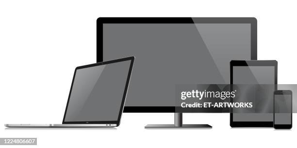 illustrazioni stock, clip art, cartoni animati e icone di tendenza di computer vettoriale realistico e dispositivi mobili su sfondo bianco - tv phone tablet