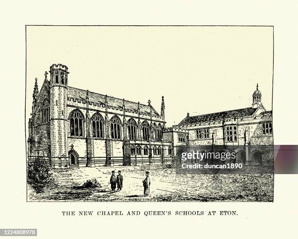 new chapel and queen's schools at eton, 19th century - eton college stock illustrations