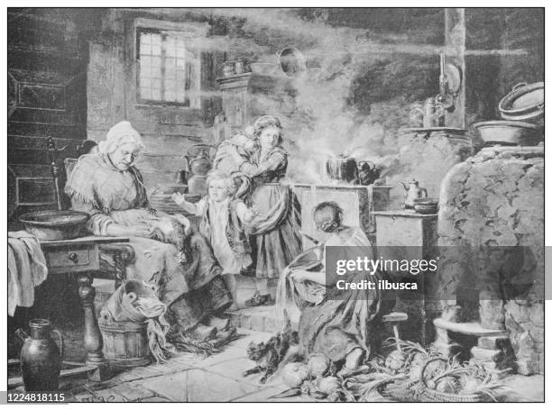 antique famous painting from the 19th century: the milk boils over by h kretzschmer - poor family stock illustrations