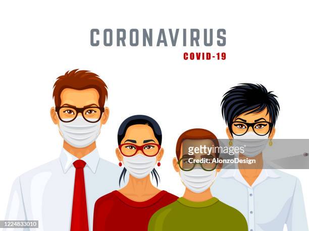 family wearing medical face masks. covid-19 prevention. coronavirus quarantine. - exhaling stock illustrations