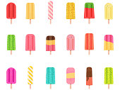 Set of colorful hand drawn ice pops of different flavors like watermelon, strawberry, kiwi, vanilla and chocolate. Vector set of summer fruity lollipops.