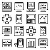 Dashboard with Graphs and Charts Icons Set. Line Style Vector