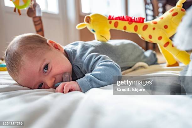 lindo niño acostado en el gimnasio del bebé. - baby touching belly fotografías e imágenes de stock