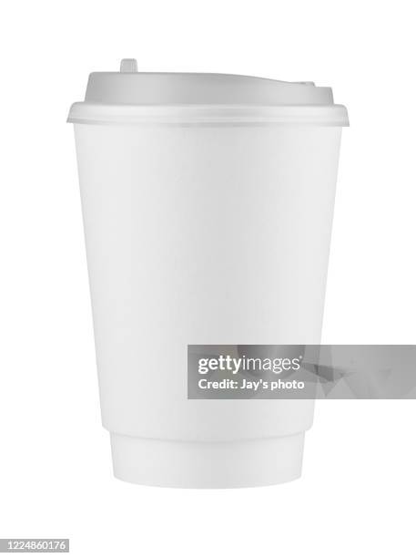 white disposable coffee cup isolated on white background with clipping path. real photo. paper. - plastic sleeve stock pictures, royalty-free photos & images