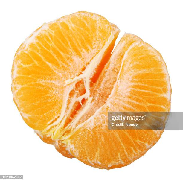 close-up of fresh peeled mandarin orange isolated on white background - geschält stock-fotos und bilder