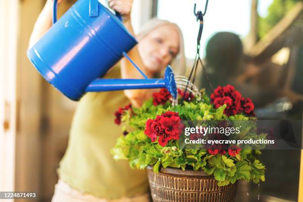 mature blonde female planting flowers on a sunny spring day - 1 earth productions stock pictures, royalty-free photos & images