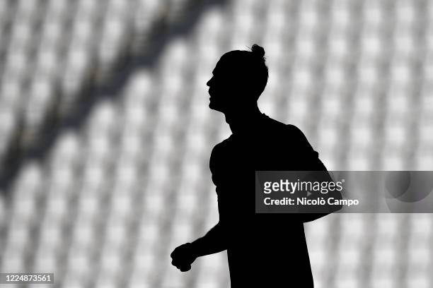 Cristiano Ronaldo of Juventus FC is seen during warm up prior to the Serie A football match between Juventus FC and Torino FC. Juventus FC won 4-1...