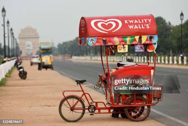 Ice cream vendors at Rajpath near India Gate on a hot summer day, on July 4, 2020 in New Delhi, India.