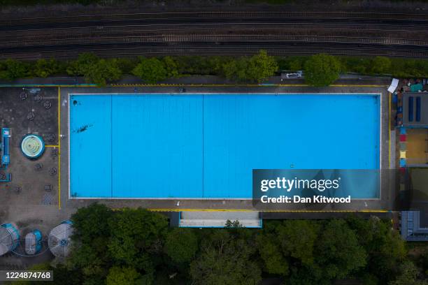 General view of Tooting Bec Lido on May 14, 2020 in London, United Kingdom. As temperatures rise across Britain, its large public pools remained...