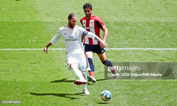 Raul Garcia of Athletic Club and Sergio Ramos of Real Madrid CF in action during the Liga match between Athletic Club and Real Madrid CF at San Mames...